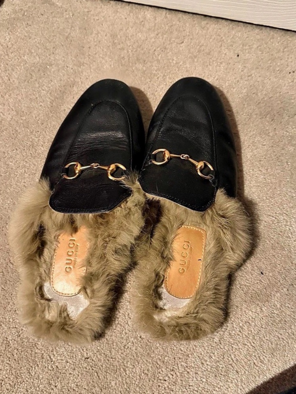 Gucci Princetown Leather Fur-Lined Mule Black & Brown